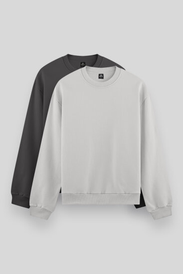 Standart Fit Basic O Yaka 2'li Paket Koyu Gri-Taş Erkek Sweatshirt - 88053 