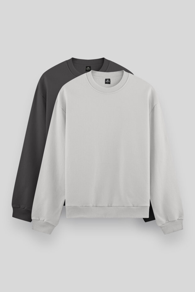 Standart Fit Basic O Yaka 2'li Paket Koyu Gri-Taş Erkek Sweatshirt - 88053 - 1