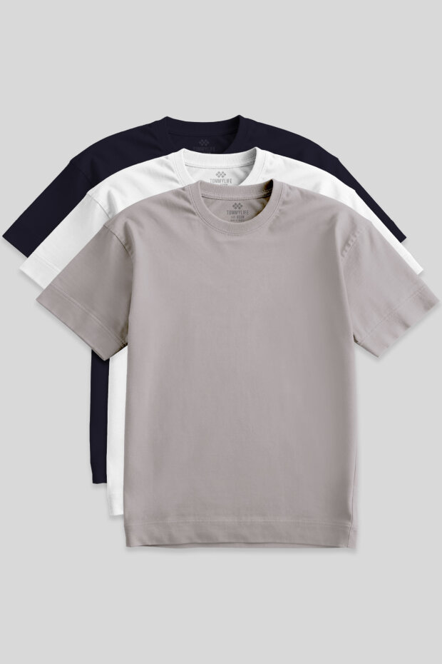 Basic O Yaka Büyük Beden 3'lü Paket Beyaz-Lacivert-Koyu Bej Erkek T-Shirt 88072 - 1