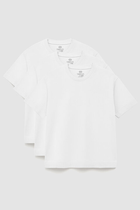 Basic O Yaka Büyük Beden 3'lü Paket Beyaz Erkek T-Shirt 88072 - 1