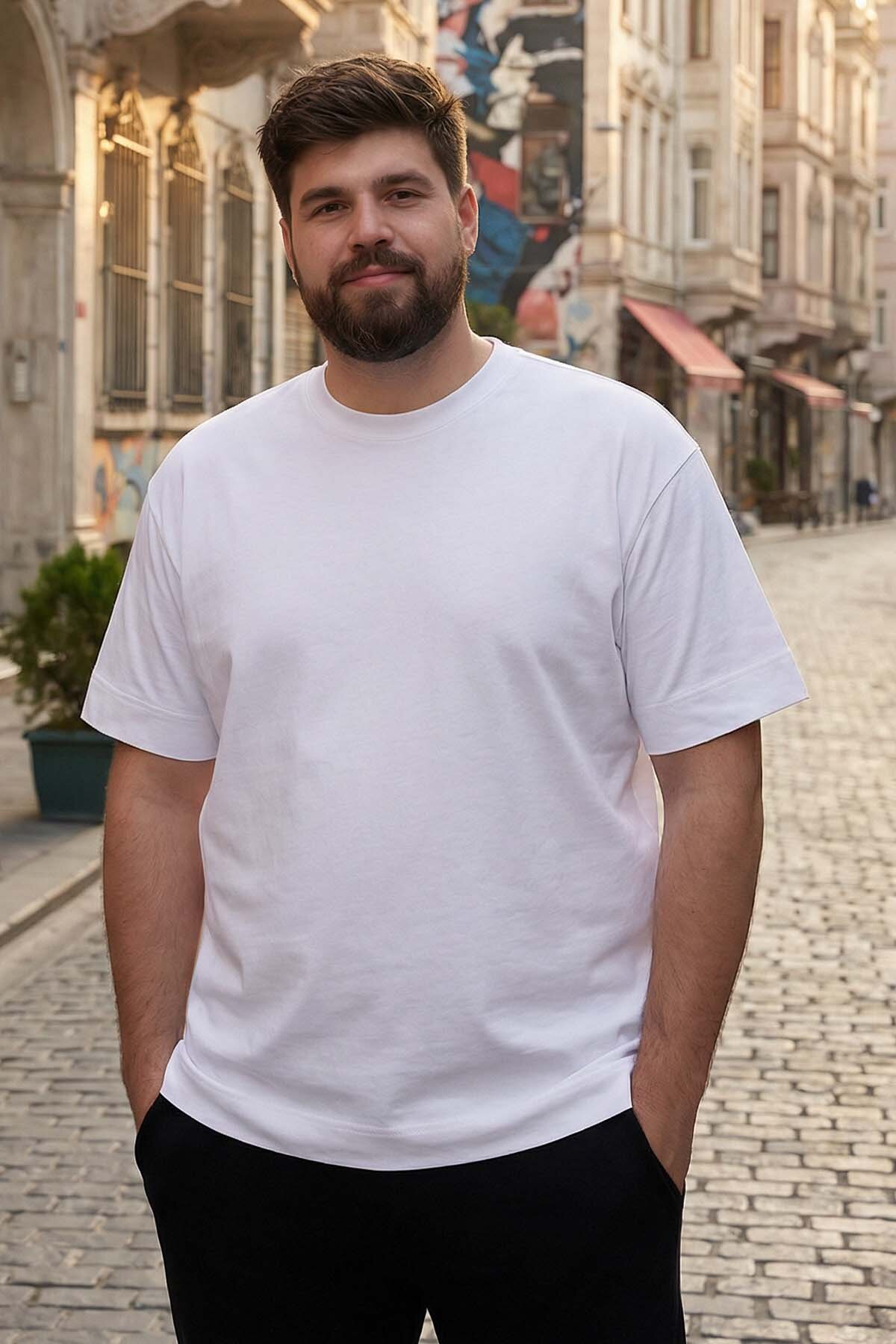 Basic O Yaka Büyük Beden 3'lü Paket Beyaz Erkek T-Shirt 88072 - TOMMYLIFE (1)