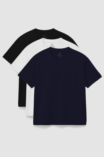 Basic O Yaka Büyük Beden 3'lü Paket Siyah-Beyaz-Lacivert Erkek T-Shirt 88072 