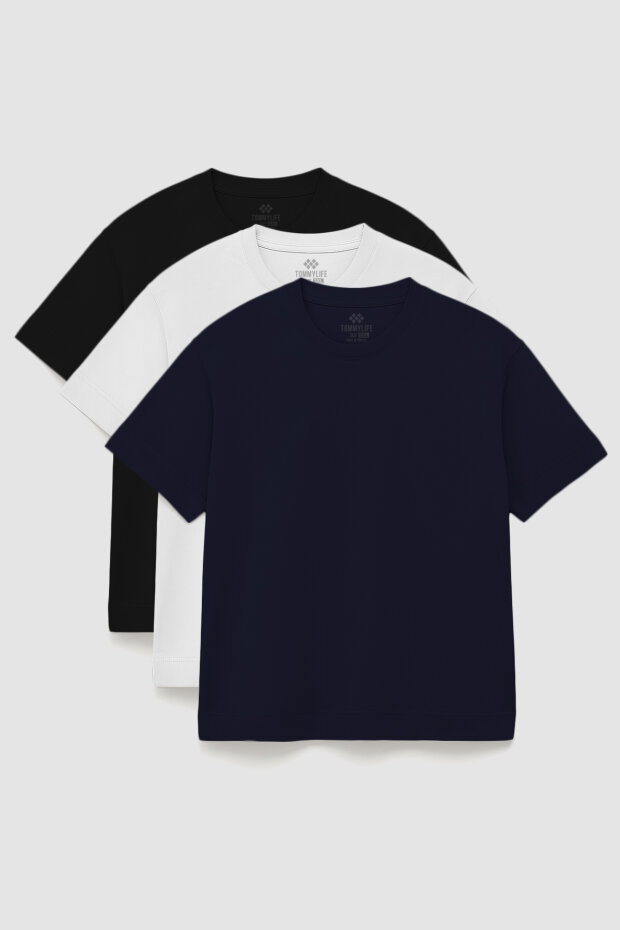 Basic O Yaka Büyük Beden 3'lü Paket Siyah-Beyaz-Lacivert Erkek T-Shirt 88072 - 1