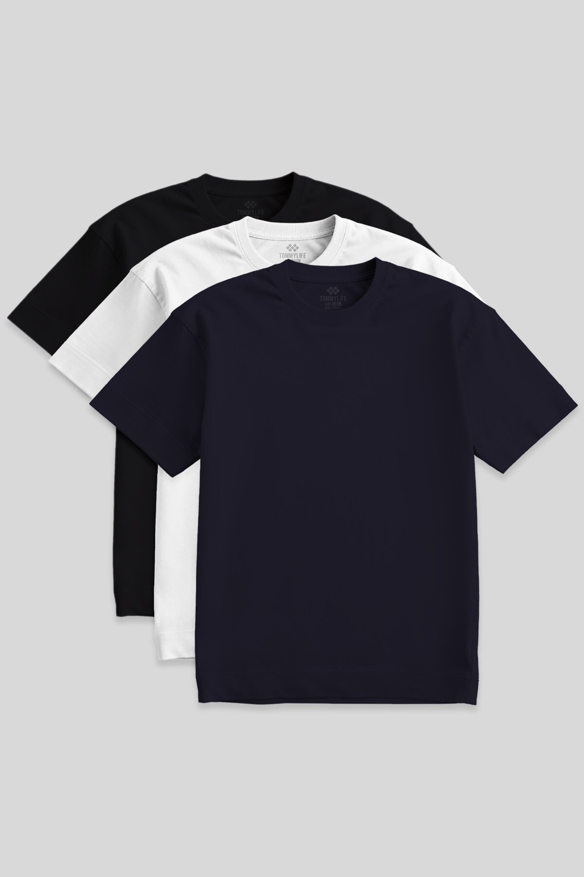 Basic O Yaka Büyük Beden 3'lü Paket Siyah-Beyaz-Lacivert Erkek T-Shirt 88072 - TOMMYLIFE