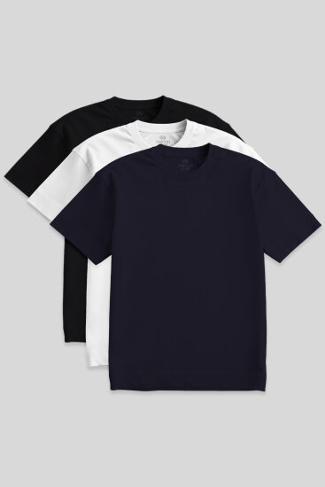Basic O Yaka Büyük Beden 3'lü Paket Siyah-Beyaz-Lacivert Erkek T-Shirt 88072 - TOMMYLIFE