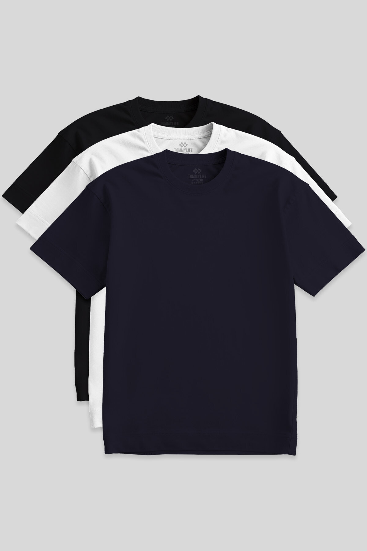 Basic O Yaka Büyük Beden 3'lü Paket Siyah-Beyaz-Lacivert Erkek T-Shirt 88072 - TOMMYLIFE