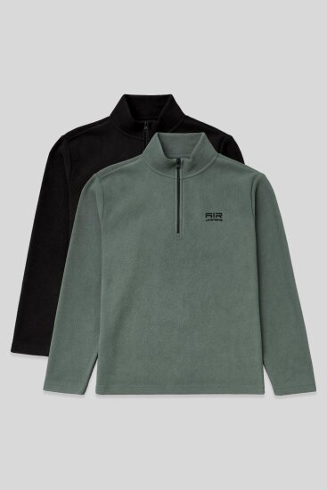 Standart Kalıp Dik Yaka 2'li Paket Siyah-Çağla Erkek Polar Sweatshirt - 88310 