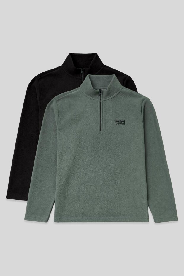 Standart Kalıp Dik Yaka 2'li Paket Siyah-Çağla Erkek Polar Sweatshirt - 88310 - 1