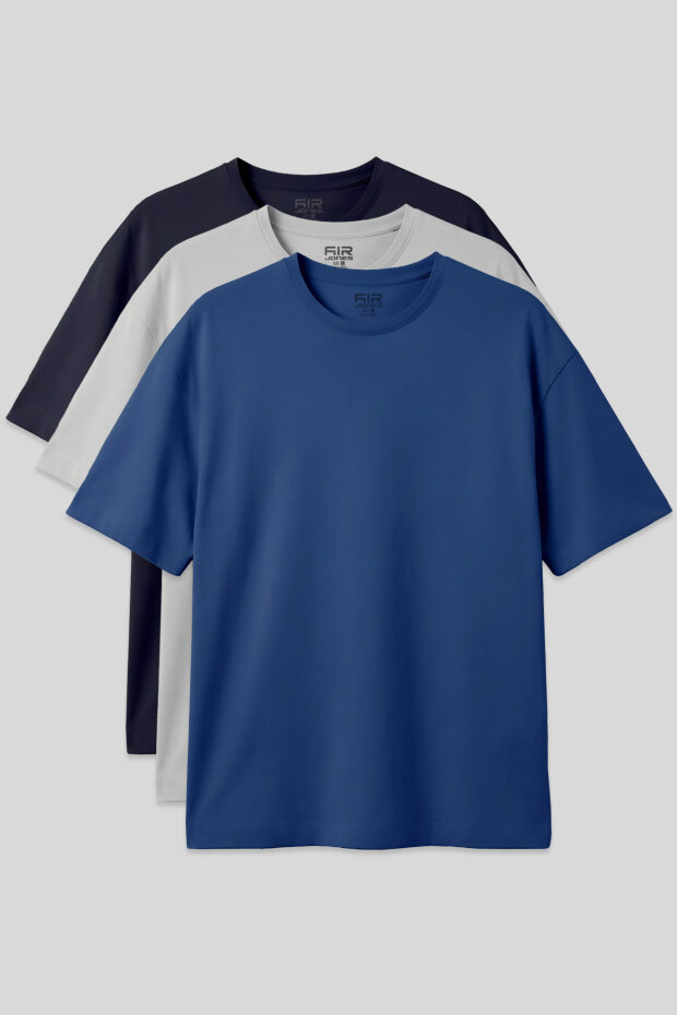 Oversize Fit Basic 3'lü Paket Lacivert-Taş-Parlament Erkek T-Shirt - 88353 - 1