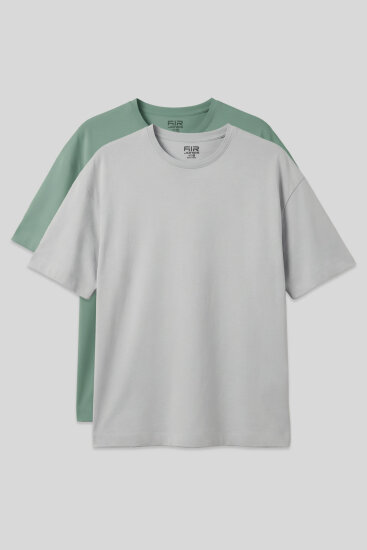 Oversize Fit Basic 2'li Paket Taş-Açık Yeşil Erkek T-Shirt - 88353 