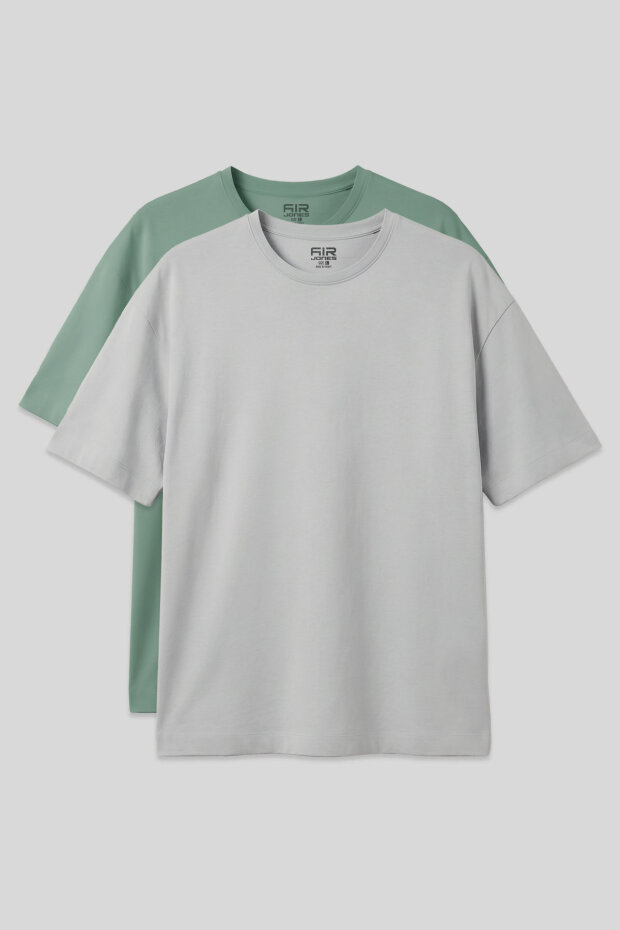 Oversize Fit Basic 2'li Paket Taş-Açık Yeşil Erkek T-Shirt - 88353 - 1