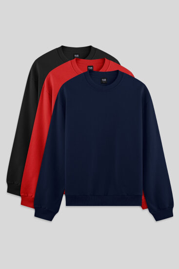 Standart Fit Basic O Yaka 3'lü Paket Siyah-İndigo-Fiesta Erkek Sweatshirt - 88363 