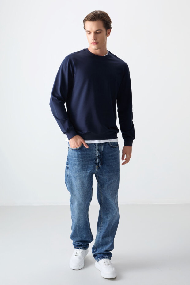 Standart Fit Basic O Yaka 3'lü Paket Siyah-İndigo-Fiesta Erkek Sweatshirt - 88363 - 4