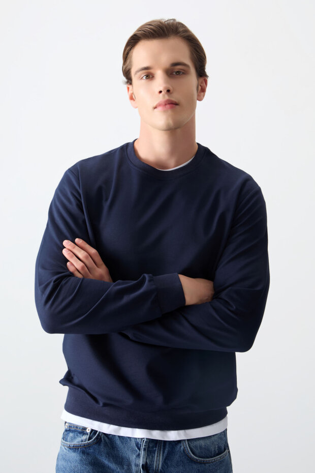 Standart Fit Basic O Yaka 3'lü Paket Siyah-İndigo-Fiesta Erkek Sweatshirt - 88363 - 6