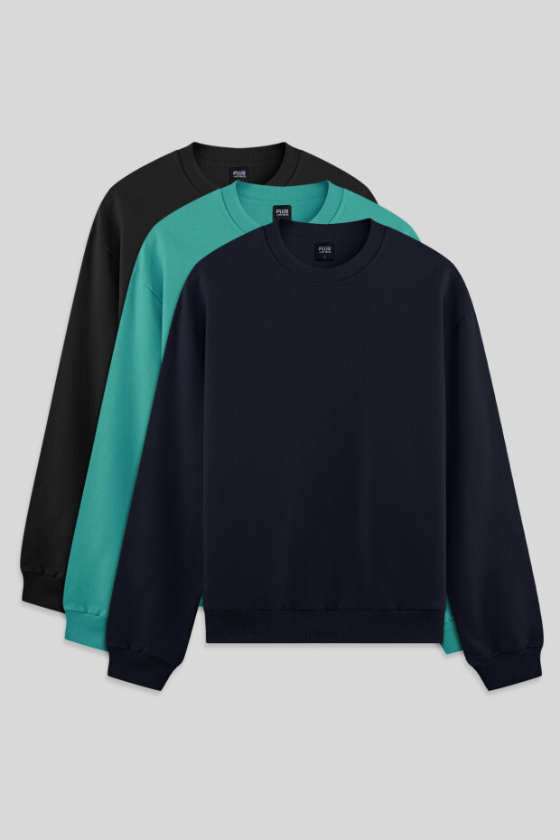 Standart Fit Basic O Yaka 3'lü Paket Siyah-Lacivert-Deniz Yeşili Erkek Sweatshirt - 88363 - 1