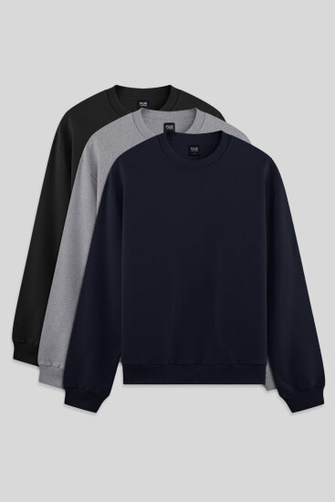 Standart Fit Basic O Yaka 3'lü Paket Siyah-Lacivert-Gri Melanj Erkek Sweatshirt - 88363 