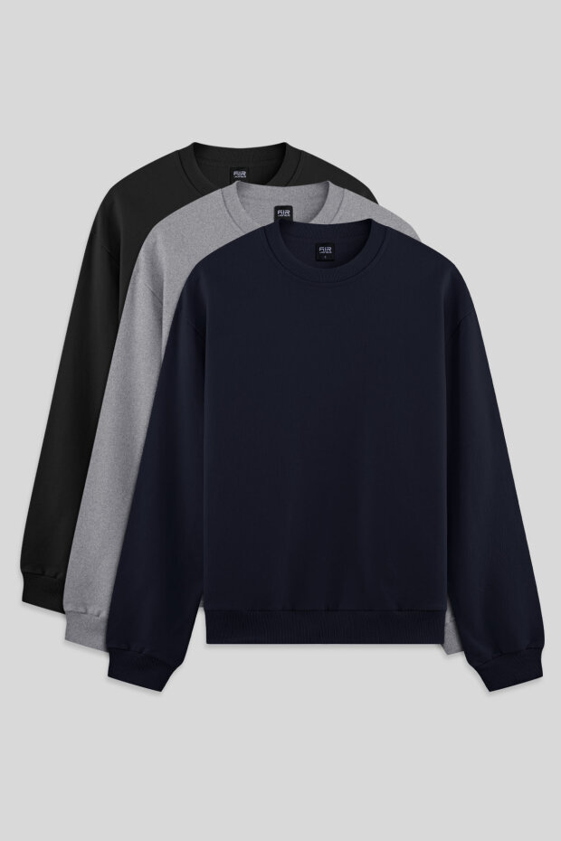 Standart Fit Basic O Yaka 3'lü Paket Siyah-Lacivert-Gri Melanj Erkek Sweatshirt - 88363 - 1