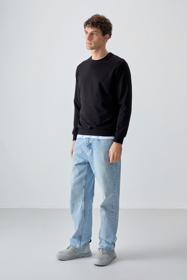 Standart Fit Basic O Yaka 3'lü Paket Siyah-Lacivert-Gri Melanj Erkek Sweatshirt - 88363 - 2