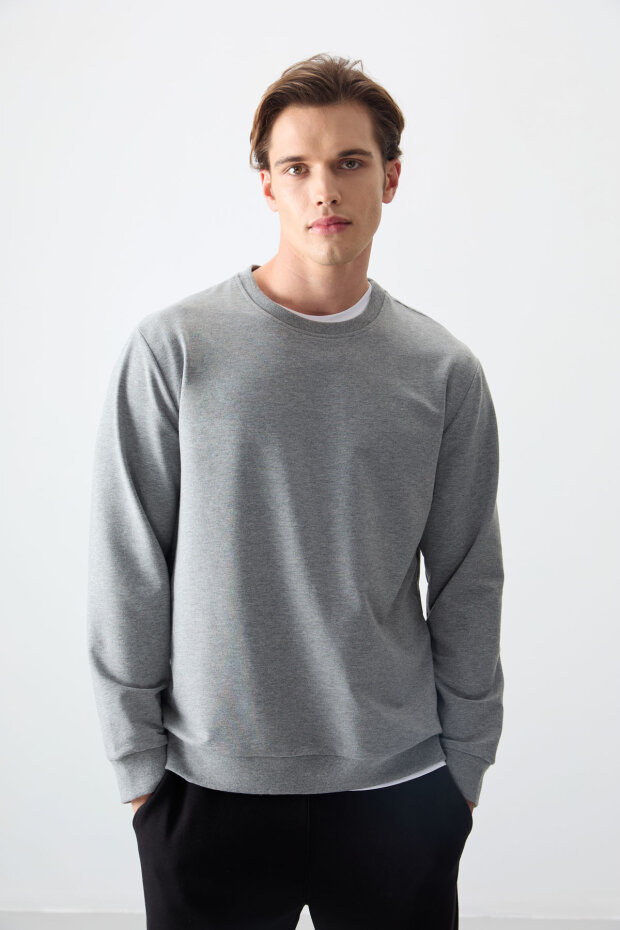 Standart Fit Basic O Yaka 3'lü Paket Siyah-Lacivert-Gri Melanj Erkek Sweatshirt - 88363 - 4