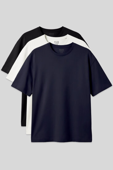 Basic Oversize O Yaka 3'lü Paket Siyah-Lacivert-Ekru Erkek T-Shirt - 88377 
