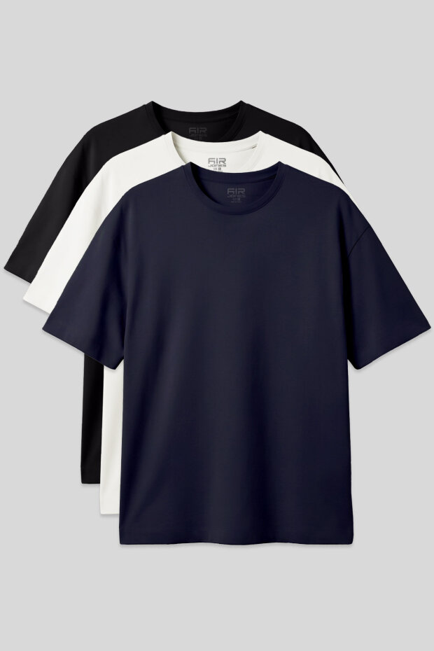 Basic Oversize O Yaka 3'lü Paket Siyah-Lacivert-Ekru Erkek T-Shirt - 88377 - 1