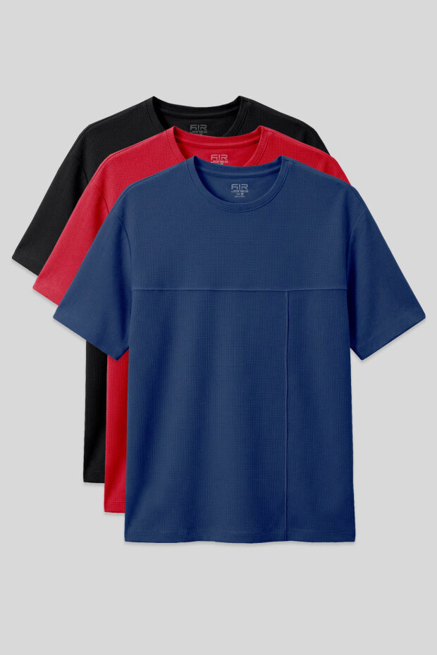 Oversize Fit Basic 3'lü Paket Siyah-Kırmızı-Parlament Erkek T-Shirt - 88380 - 1