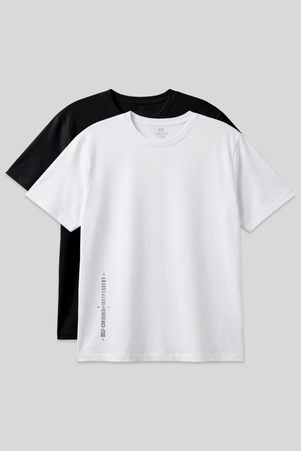 Baskılı Rahat Form 2'li Paket Siyah-Beyaz Büyük Beden Erkek T-Shirt - 88472 - 1