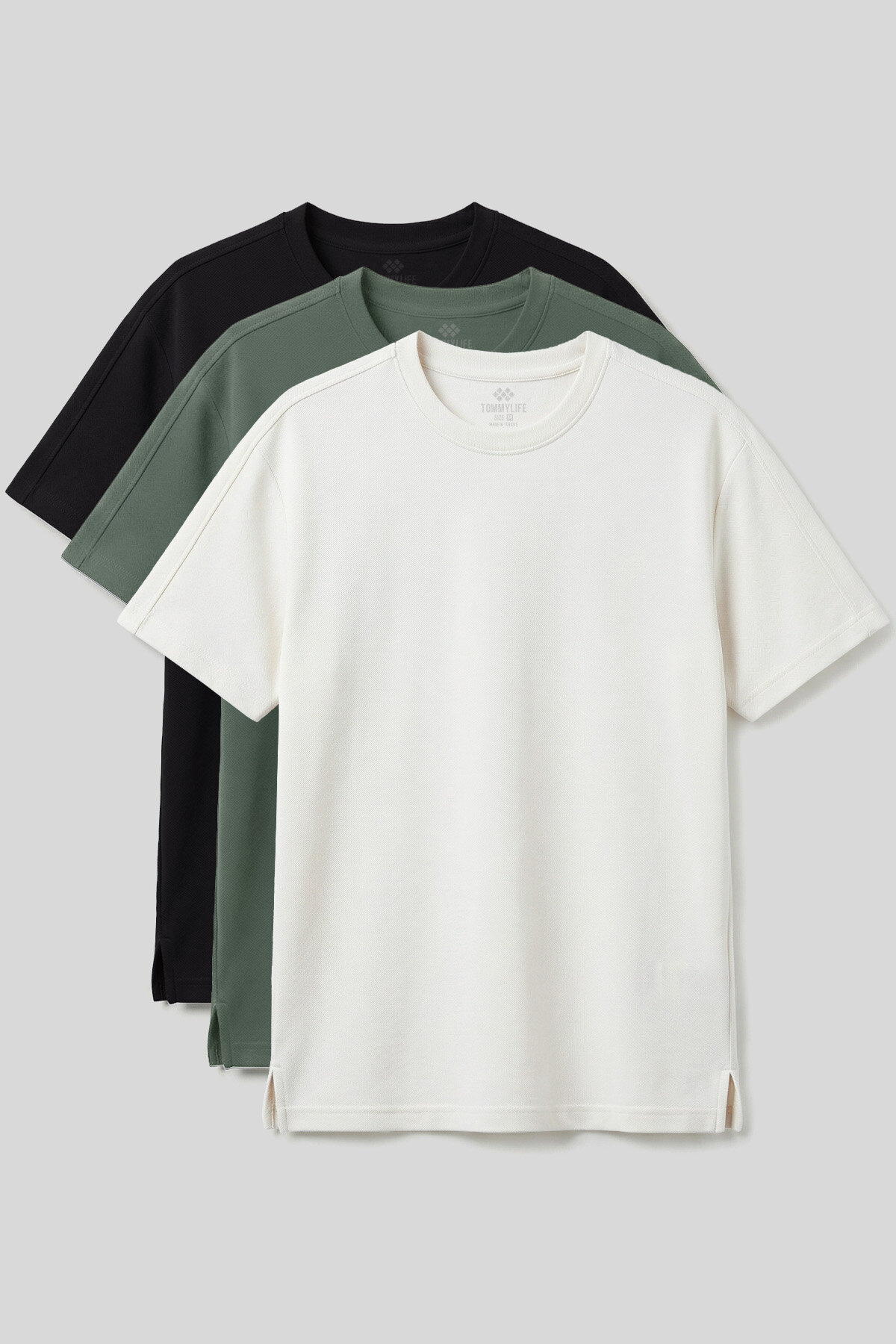 Rahat Form O Yaka 3'lü Paket Siyah-Ekru-Açık Yeşil Erkek T-Shirt - 88495 - TOMMYLIFE