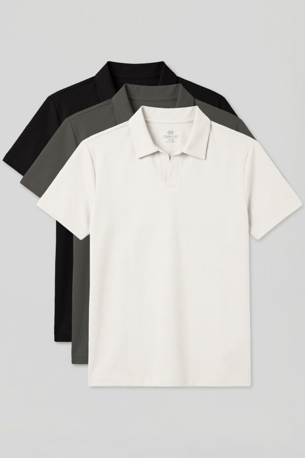 Rahat Form Polo Yaka 3'lü Paket Siyah-Haki-Ekru Erkek T-Shirt - 88496 - 1