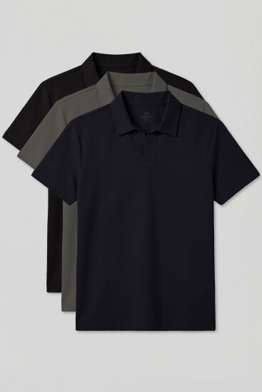 Rahat Form Polo Yaka 3'lü Paket Siyah-Haki-Lacivert Erkek T-Shirt - 88496 