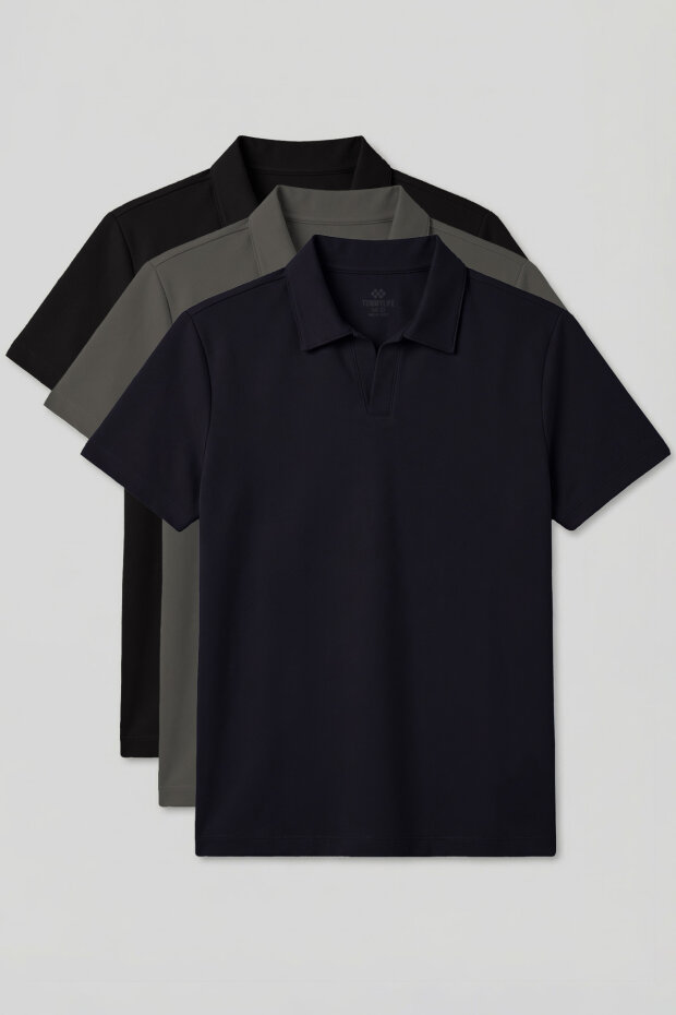 Rahat Form Polo Yaka 3'lü Paket Siyah-Haki-Lacivert Erkek T-Shirt - 88496 - 1