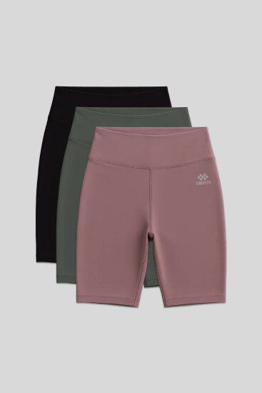 Slim Fit 3'lü Paket Siyah-Çağla-Gül Kurusu Kadın Kısa Biker Tayt - 91007 - TOMMYLIFE