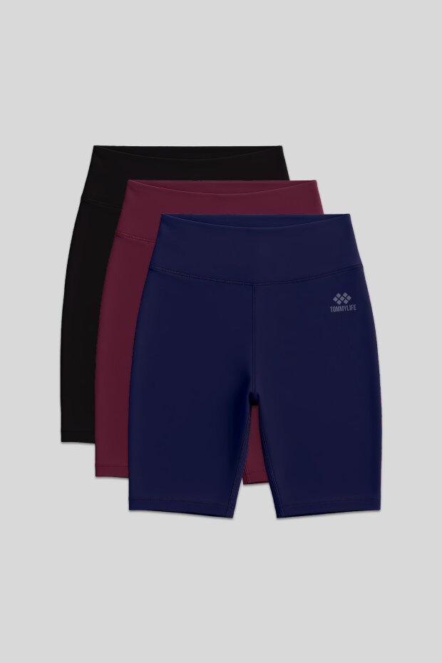 Slim Fit 3'lü Paket Siyah-İndigo-Bordo Kadın Kısa Biker Tayt - 91007 - 1