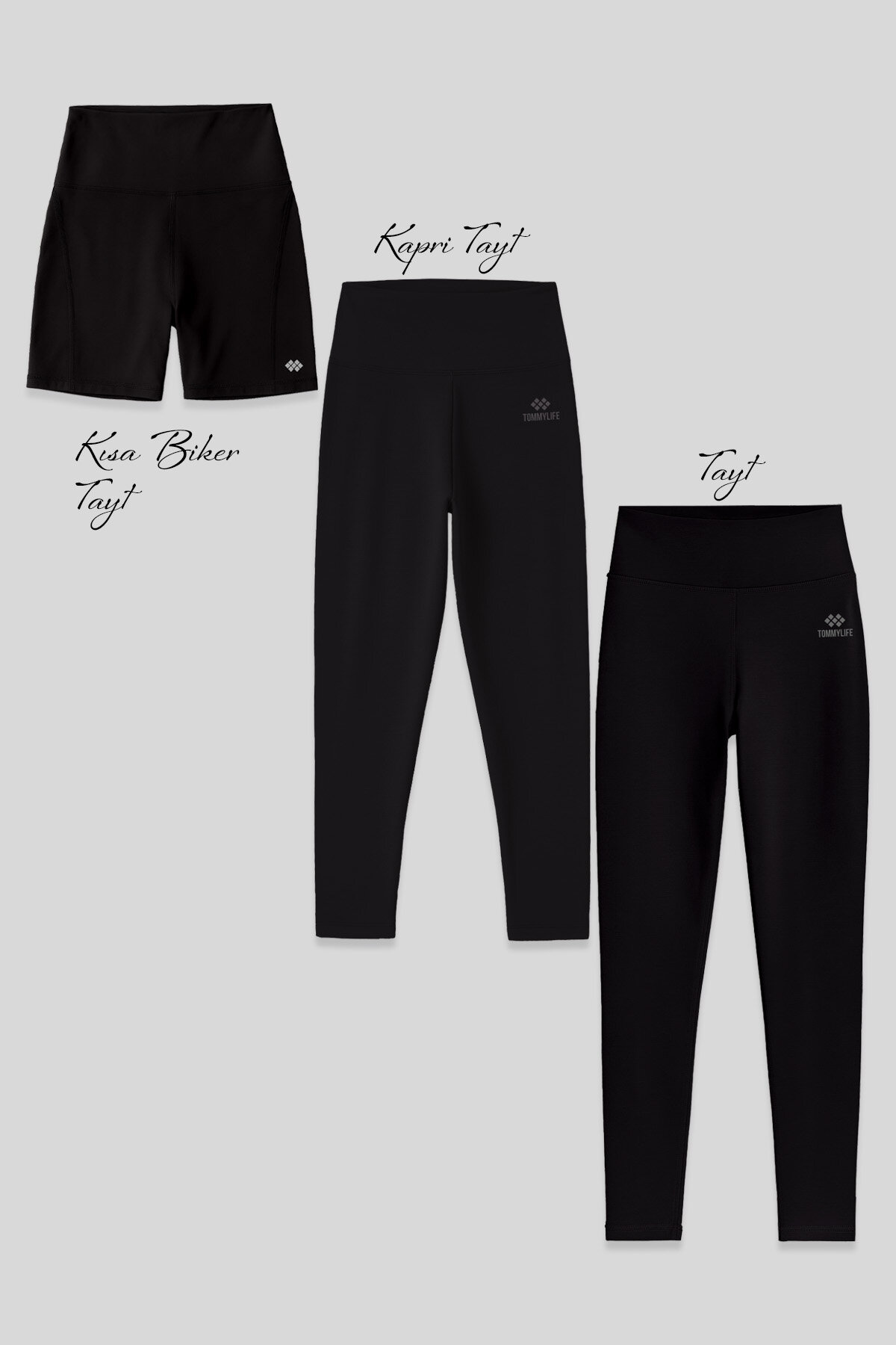 Slim Fit Yüksek Bel 3'lü Paket Siyah Kadın Tayt - TOMMYLIFE