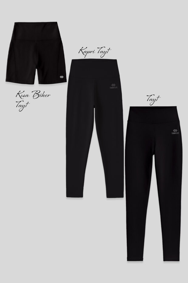 Slim Fit Yüksek Bel 3'lü Paket Siyah Kadın Tayt - 1
