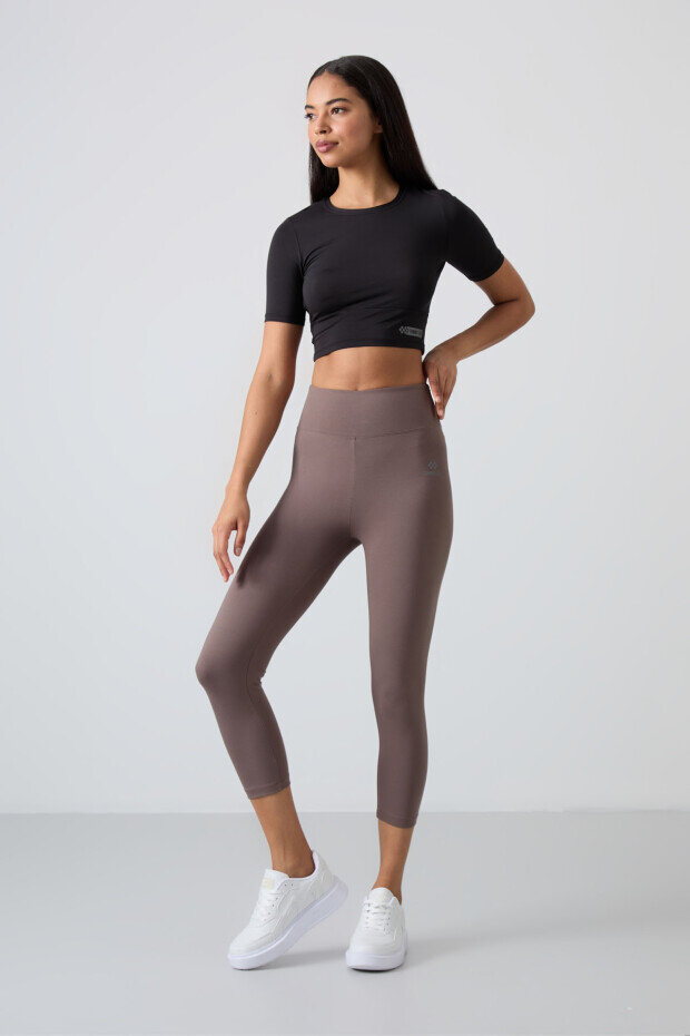 Slim Fit 3'lü Paket İndigo-Gül Kurusu-Kahverengi Kadın Kapri Tayt - 93097 - 2