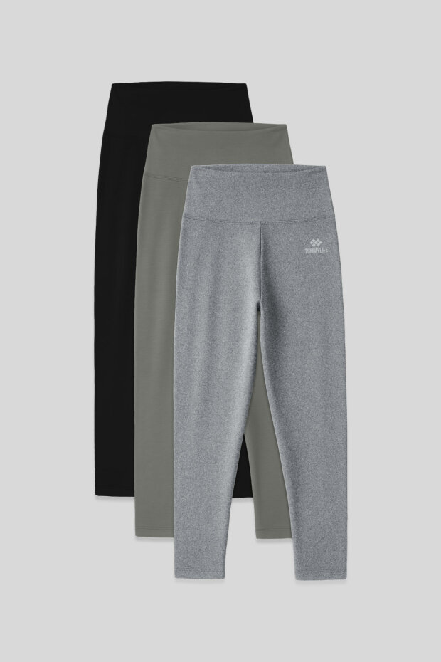 Slim Fit 3'lü Paket Siyah-Çağla-Gri Melanj Kadın Kapri Tayt - 93097 - 1