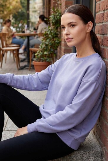 Basic Oversıze O Yaka 2'li Paket Ekru-Açık Eflatun Kadın Sweatshirt - 97053 - TOMMYLIFE (1)