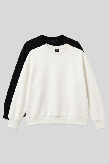 Basic Oversıze O Yaka 2'li Paket Siyah-Ekru Kadın Sweatshirt - 97053 