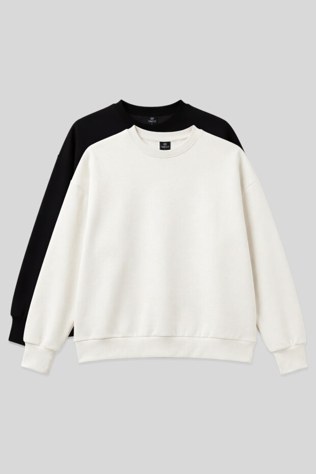 Basic Oversıze O Yaka 2'li Paket Siyah-Ekru Kadın Sweatshirt - 97053 - 1