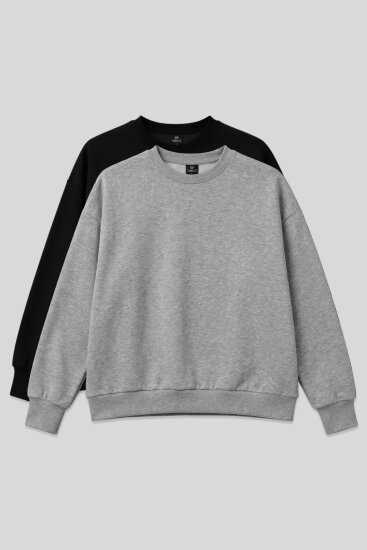 Basic Oversıze O Yaka 2'li Paket Siyah-Gri Melanj Kadın Sweatshirt - 97053 