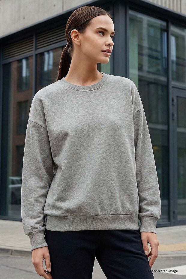 Basic Oversıze O Yaka 2'li Paket Siyah-Gri Melanj Kadın Sweatshirt - 97053 - 3