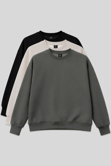Basic Oversıze O Yaka 3'lü Paket Siyah-Haki- Bej Kadın Sweatshirt - 97053 