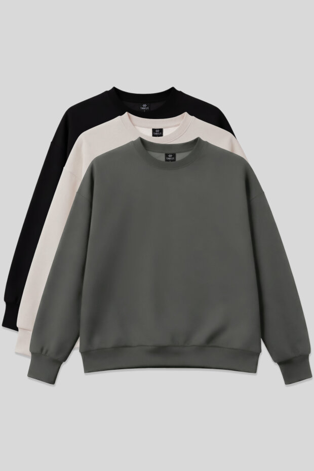Basic Oversıze O Yaka 3'lü Paket Siyah-Haki- Bej Kadın Sweatshirt - 97053 - 1