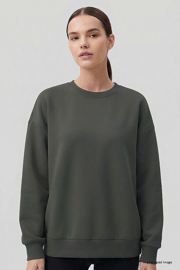 Basic Oversıze O Yaka 3'lü Paket Siyah-Haki- Bej Kadın Sweatshirt - 97053 - 4
