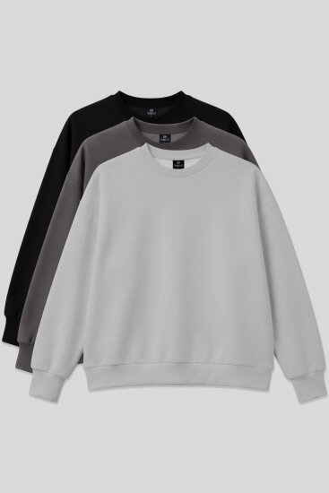 Basic Oversıze O Yaka 3'lü Paket Siyah-Koyu Gri- Taş Kadın Sweatshirt - 97053 