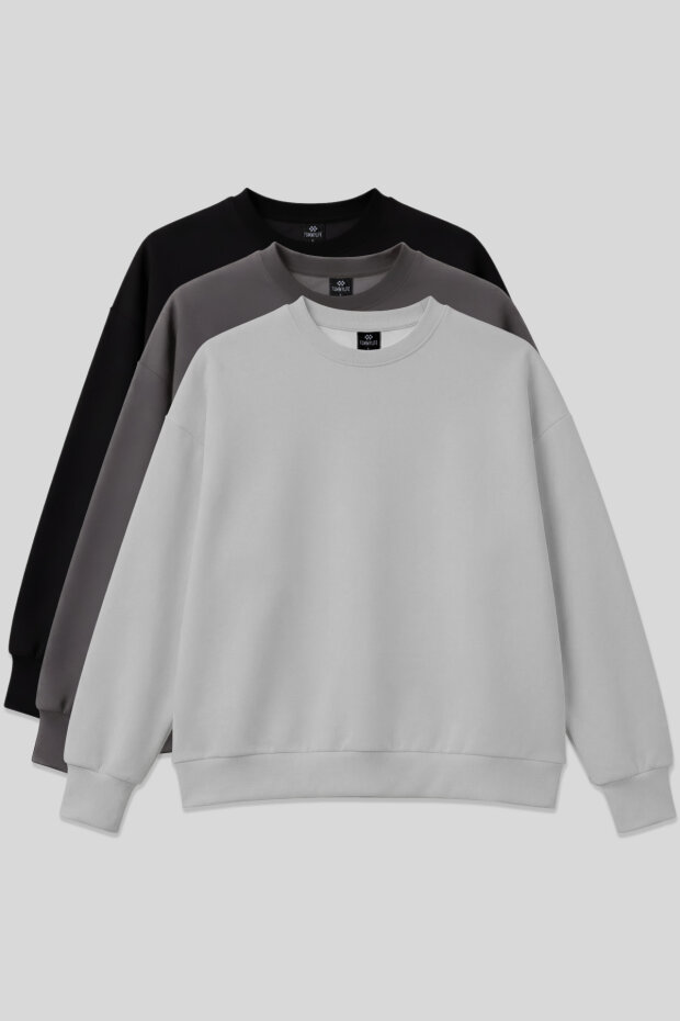 Basic Oversıze O Yaka 3'lü Paket Siyah-Koyu Gri- Taş Kadın Sweatshirt - 97053 - 1