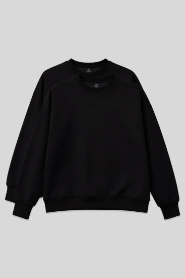 Basic Oversıze O Yaka 2'li Paket Siyah Kadın Sweatshirt - 97053 