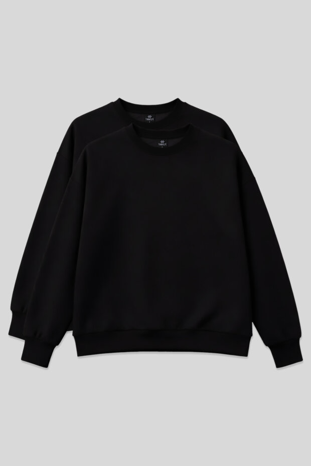 Basic Oversıze O Yaka 2'li Paket Siyah Kadın Sweatshirt - 97053 - 1