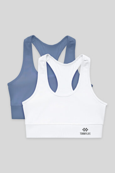 Slim Fit U Yaka 2'li Paket Petrol-Beyaz Kadın Spor Büstiyer - 97120 